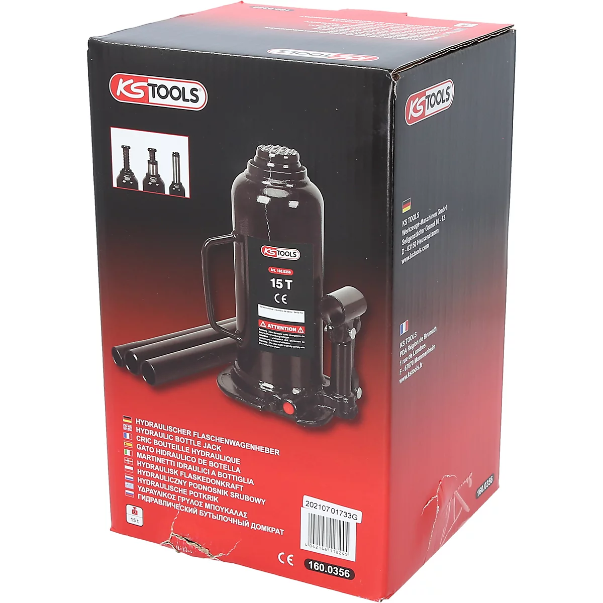 Schwarzer hydraulischer Flaschenwagenheber mit einer Tragkraft von 15 Tonnen in einer Box mit roter und schwarzer Farbgebung.